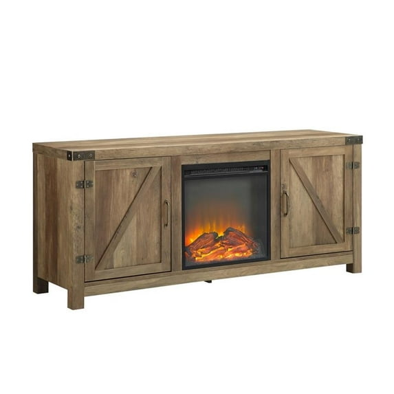 Pemberly Row 58" Barn Door Fireplace TV Stand in Rustic Oak