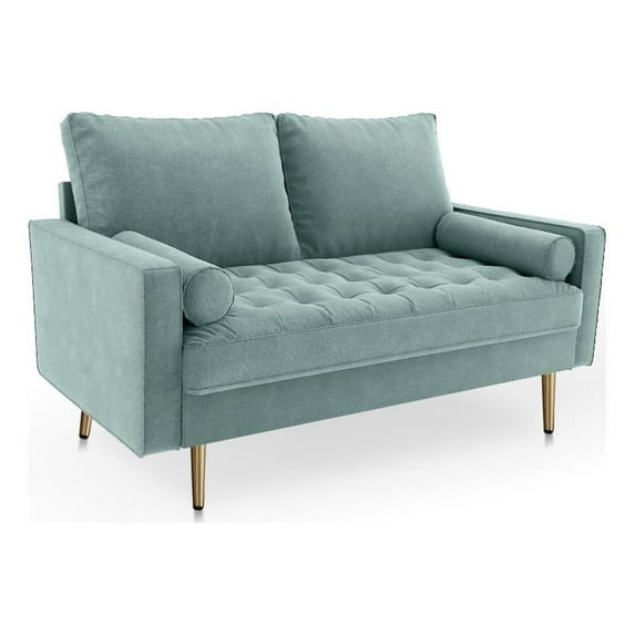 Pemberly Row 58" Upholstered Velvet & Metal Loveseat in Aqua Turquoise