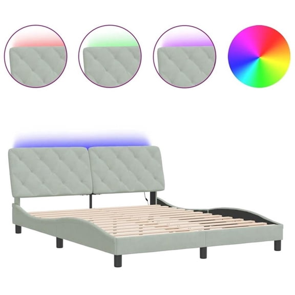 Pemberly Row 59.8"x79.9" Light Gray Velvet Bed Frame with LED without Mattress