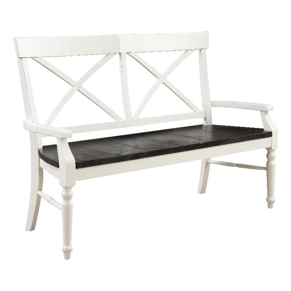 Pemberly Row 59" Pine Bench with X-Back Design in Dark Mocha & Antique White
