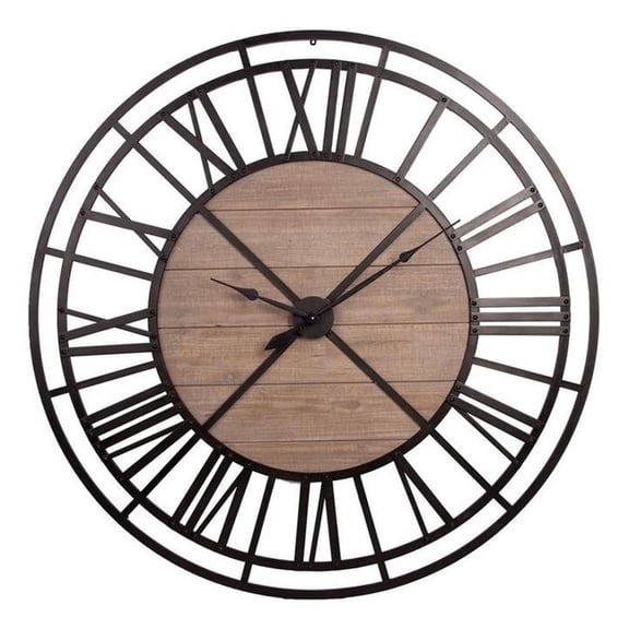 Pemberly Row 59" Round Oversized Black Metal and Wood Industrial Wall Clock