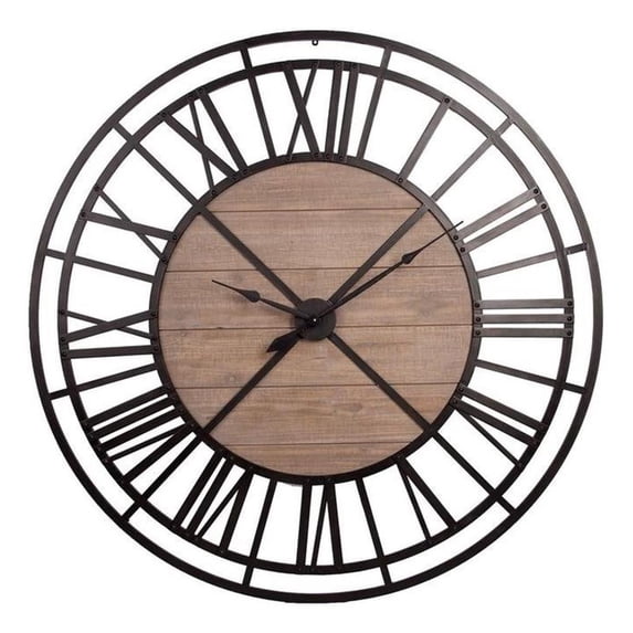 Pemberly Row 59" Round Oversized Black Metal and Wood Industrial Wall Clock