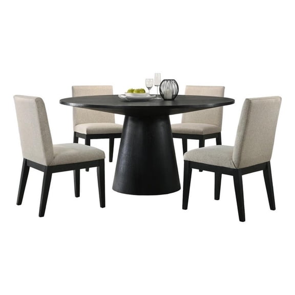 Pemberly Row 5Pc 59" Round Ebony Black Dining Set with Beige Fabric Chairs