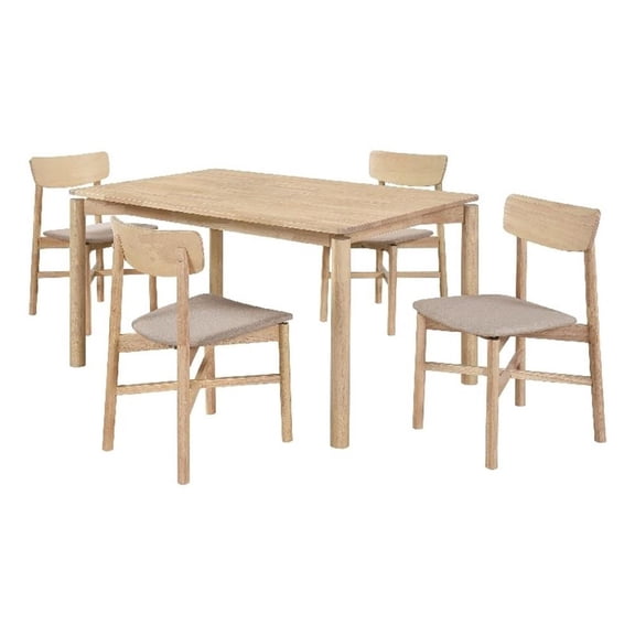 Pemberly Row 5Pc Dining Table Set w/ 4 Tan Brown Upholstered Chairs White Washed