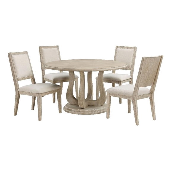 Pemberly Row 5Pc Round Dining Table Set with 4 Beige Chairs in White Washed Wood