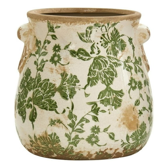 Pemberly Row 6.5" Ceramic Green Scroll Floral Print Planter in Green