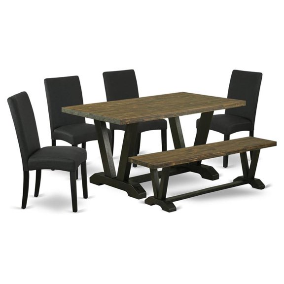 Pemberly Row 6-Piece Dining Room Table Set with Bench in Jacobean/Black