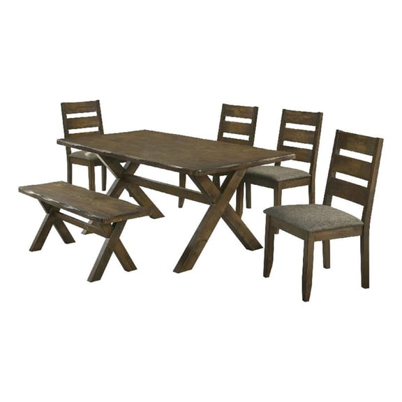 Pemberly Row 6 Piece Dining Table Set in Nutmeg Brown 4 Padded Chairs and Bench