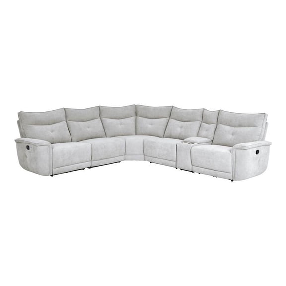 Pemberly Row 6-Piece Fabric Sectional with 3 Recliners and Console in Mist Gray
