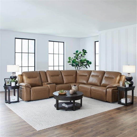 Pemberly Row 6 Piece Power Reclining Sectional with Heat Massage in Brown
