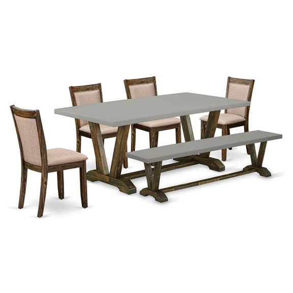 Pemberly Row 6-Piece Rubber Wood Dining Set with Bench in Cement Gray