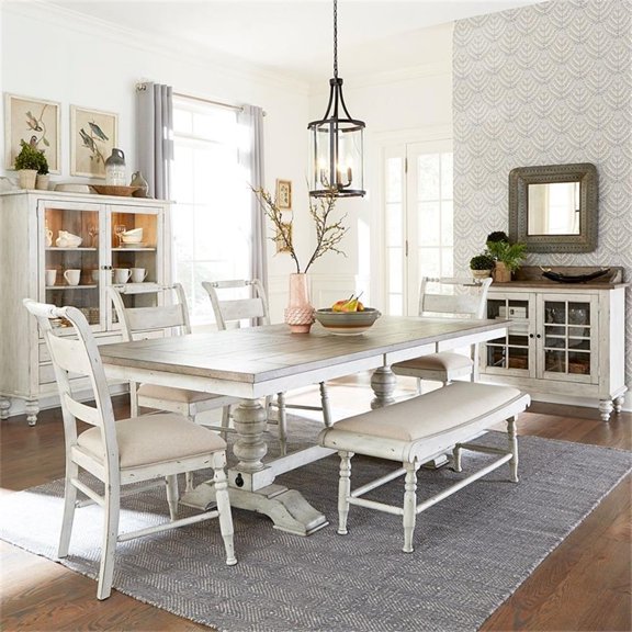 Pemberly Row 6 Piece Trestle Dining Set with Bench in Antique Linen and Gray