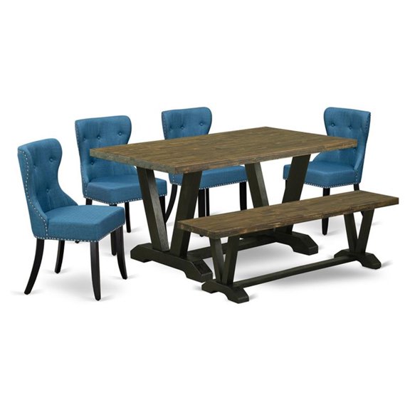 Pemberly Row 6-Piece Wood Rectangular Dining Set in Jacobean/Black