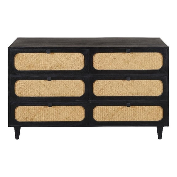 Pemberly Row 6 Woven Cane Drawer Mango Wood Dresser in Black