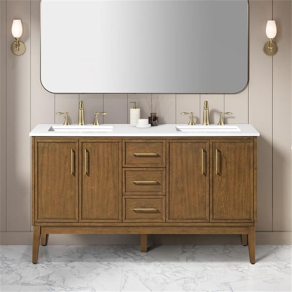 Pemberly Row 60" Bathroom Vanity in Warm Walnut with White Countertop