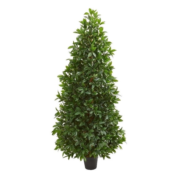 Pemberly Row 60" Bay Leaf Cone Topiary Artificial Tree in Green/Black