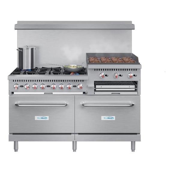 Pemberly Row 60" Commercial LP Range with 24" Griddle & Broiler in Steel