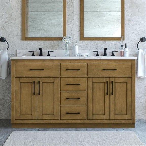 Pemberly Row 60" Double Vanity in Almond Latte with White Countertop & Power Bar