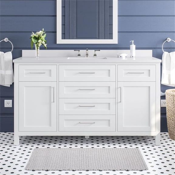 Pemberly Row 60" Double Vanity in White with White Countertop and Power Bar