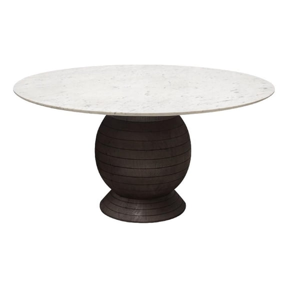 Pemberly Row 60 Inch Round White Marble Dining Table with Acacia Wood Base