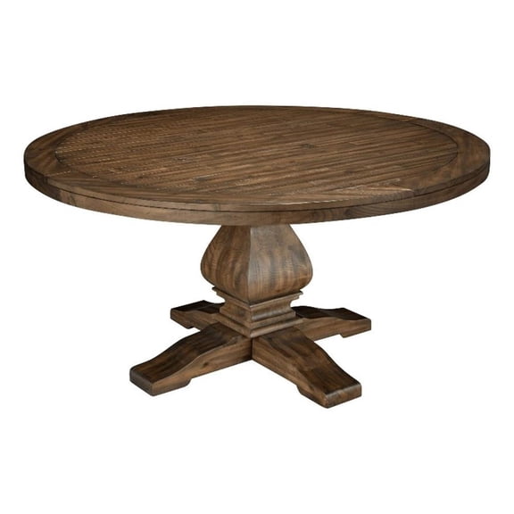 Pemberly Row 60" Round Solid Pine Pedestal Dining Table in Walnut