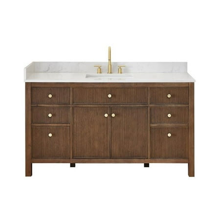 Pemberly Row 60" Single Wood Vanity in Brown Brushed Oak Engineered Stone Top/NM