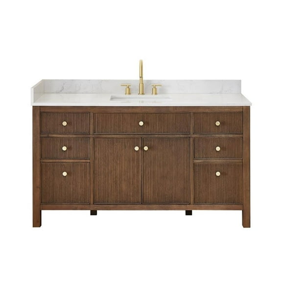 Pemberly Row 60" Single Wood Vanity in Brown Brushed Oak Engineered Stone Top/NM