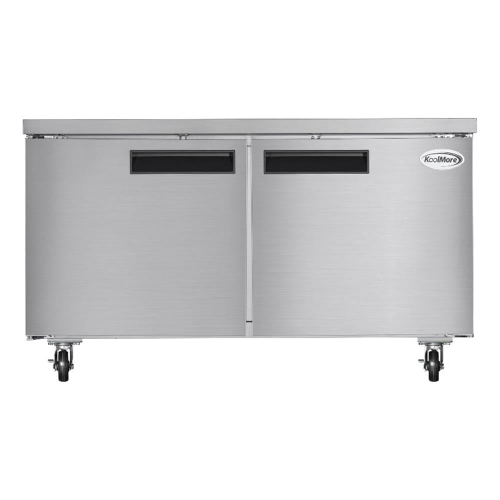 Pemberly Row 60" Two-Door Commercial Undercounter Freezer with Casters in Silver