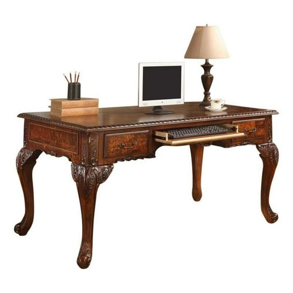 Pemberly Row 60" Wood Office Desk With Hand Carved Designs in Cherry
