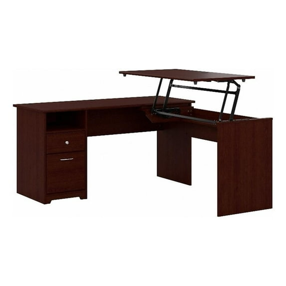 Pemberly Row 60W 3 Position L Shaped Sit to Stand Desk in Harvest Cherry