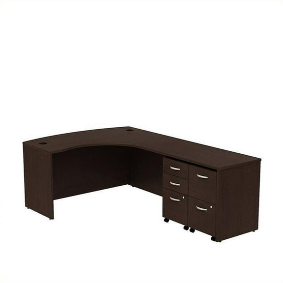 Pemberly Row 60W Bow Front L Desk with Drawers in Mocha Cherry - Engineered Wood