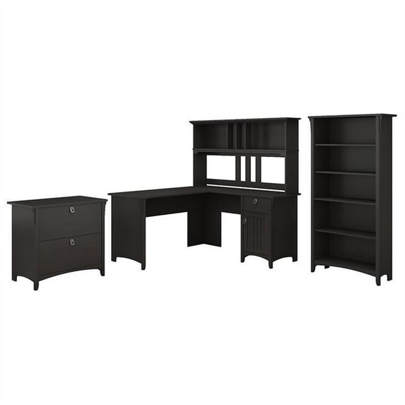 Pemberly Row 60W L Shaped Desk Office Suite in Vintage Black - Engineered Wood