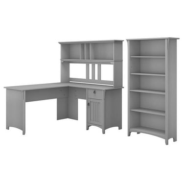 Pemberly Row 60W L Shaped Desk with Hutch and Bookcase in Cape Cod Gray