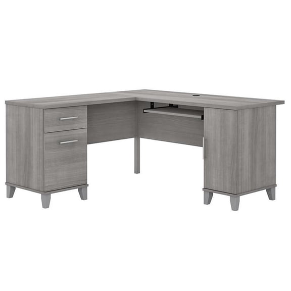 Pemberly Row 60W L Shaped Desk with Storage in Platinum Gray - Engineered Wood