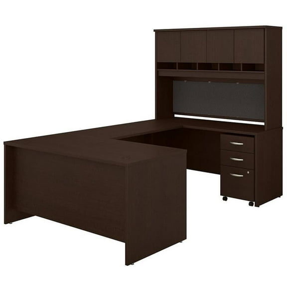 Pemberly Row 60W U Desk with Hutch and Drawers in Mocha Cherry - Engineered Wood