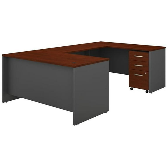 Pemberly Row 60W U Shaped Desk with Drawers in Hansen Cherry - Engineered Wood