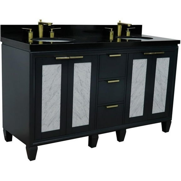 Pemberly Row 61" Double Oval Sink Vanity in Dark Gray/Black Granite Stone