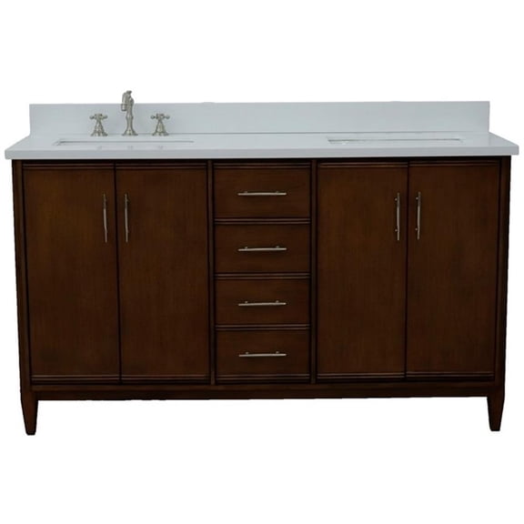 Pemberly Row 61" Double Rectangle Sink Vanity in Walnut/White Quartz Stone