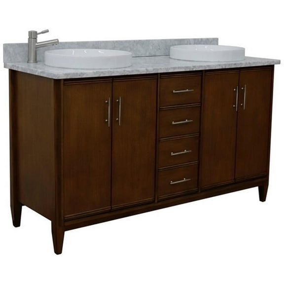 Pemberly Row 61" Double Round Sink Vanity with White Marble Stone in Walnut
