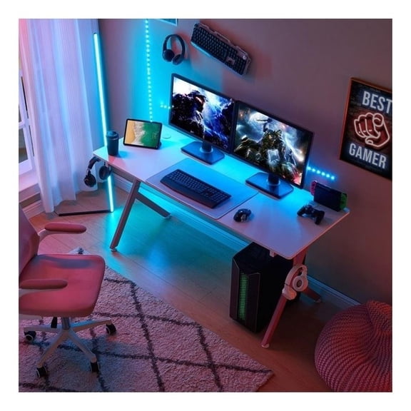 Pemberly Row 63" Gaming Desk with USB Mouse Pad Pink White Engineered Wood