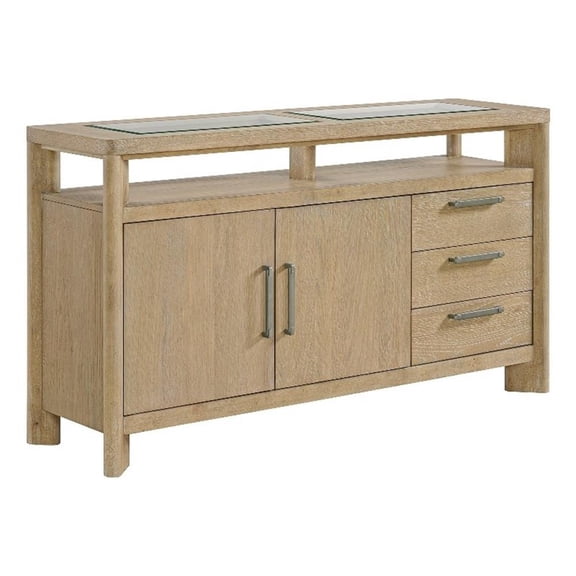 Pemberly Row 64" 3-Drawer Side Server with Stemware & Bottle Storage in Brown