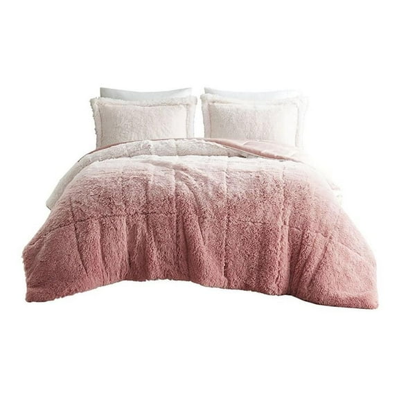 Pemberly Row 66" 2-Piece Shaggy Long Fur Fabric Comforter Mini Set in Pink