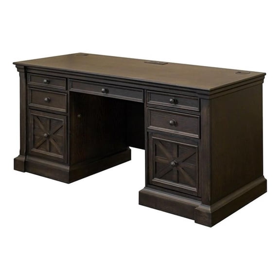 Pemberly Row 66" Credenza with Locking File Drawers & Power Center in Dark Brown