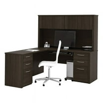 Pemberly Row 66" Traditional Wood L Shaped Computer Desk with Hutch in Chocolate
