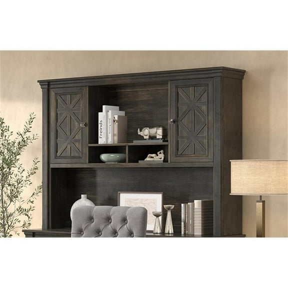 Pemberly Row 66"W Wood Hutch With Doors Office Storage in Dark Brown