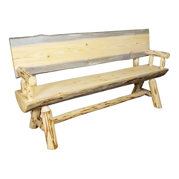 Pemberly Row 6ft Wood Half Log Bench with Back and Arms in Gold