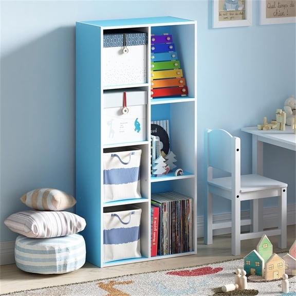 Pemberly Row 7-Cube Mixed Bookcase in Engineered Wood White/Light Blue