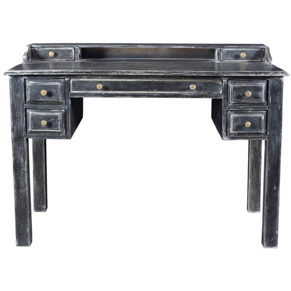 Pemberly Row 7-Drawer Hand-Carved Solid Wood Desk in Antique Gray