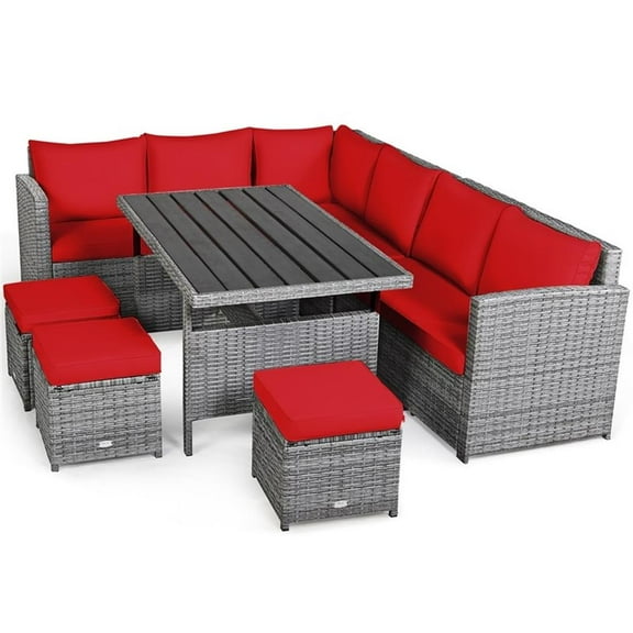 Pemberly Row 7 PCS Patio Dining Set Sectional Sofa Couch Ottoman Garden in Red