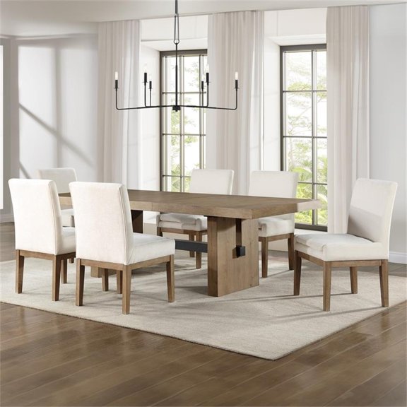 Pemberly Row 7-Piece 78-96" Dining Table Set with 6 Parsons Chairs in Brown